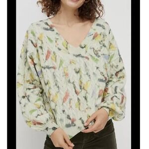 Anthropologie Catch of the Day Cable Knit Lambswool Bird Sweater Cream Small